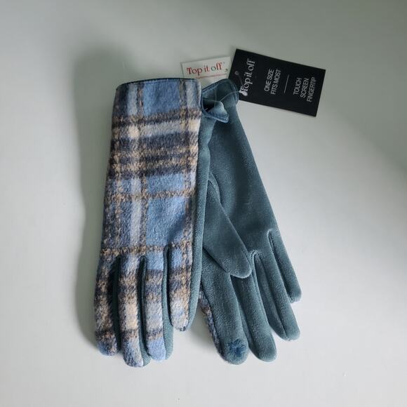 Top It Off Blue Plaid Gloves OSFA Touch Screen Soft Cozy Neutral Preppy Classic - Picture 1 of 10